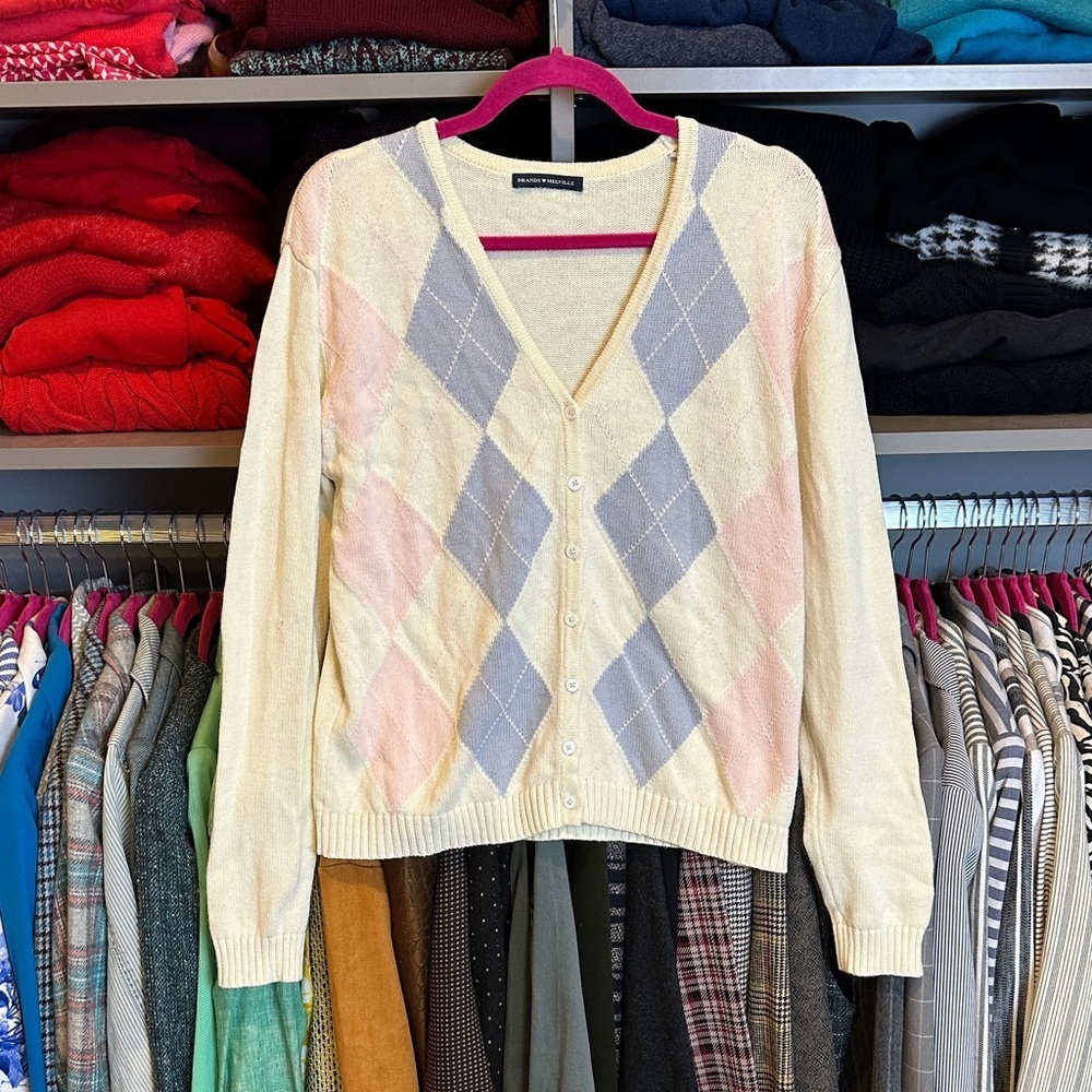 Brandy Melville cream/pink/blue argyle long sleeve button front cardigan size S